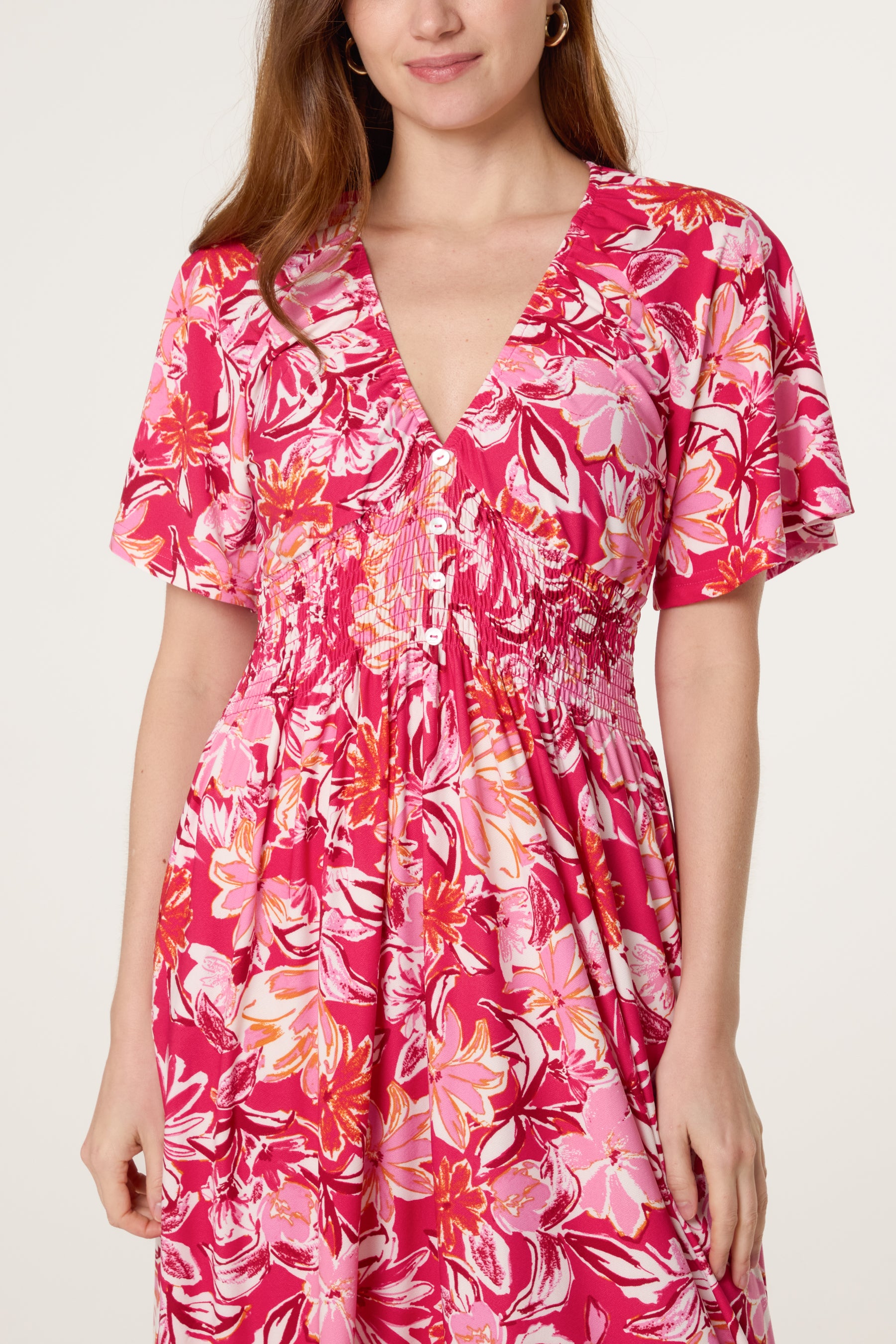 Tropical Floral Stretch Crepe Button Dress