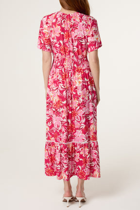 Tropical Floral Stretch Crepe Button Dress