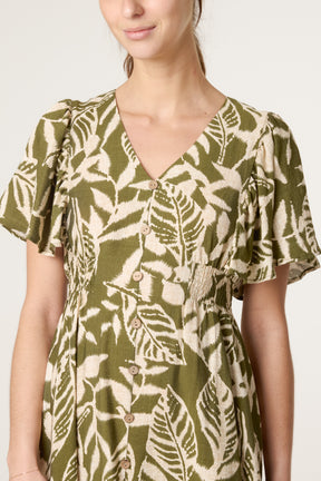 Abstract Leaf Coconut Button Mini Dress