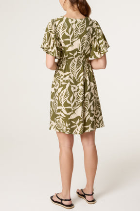 Abstract Leaf Coconut Button Mini Dress