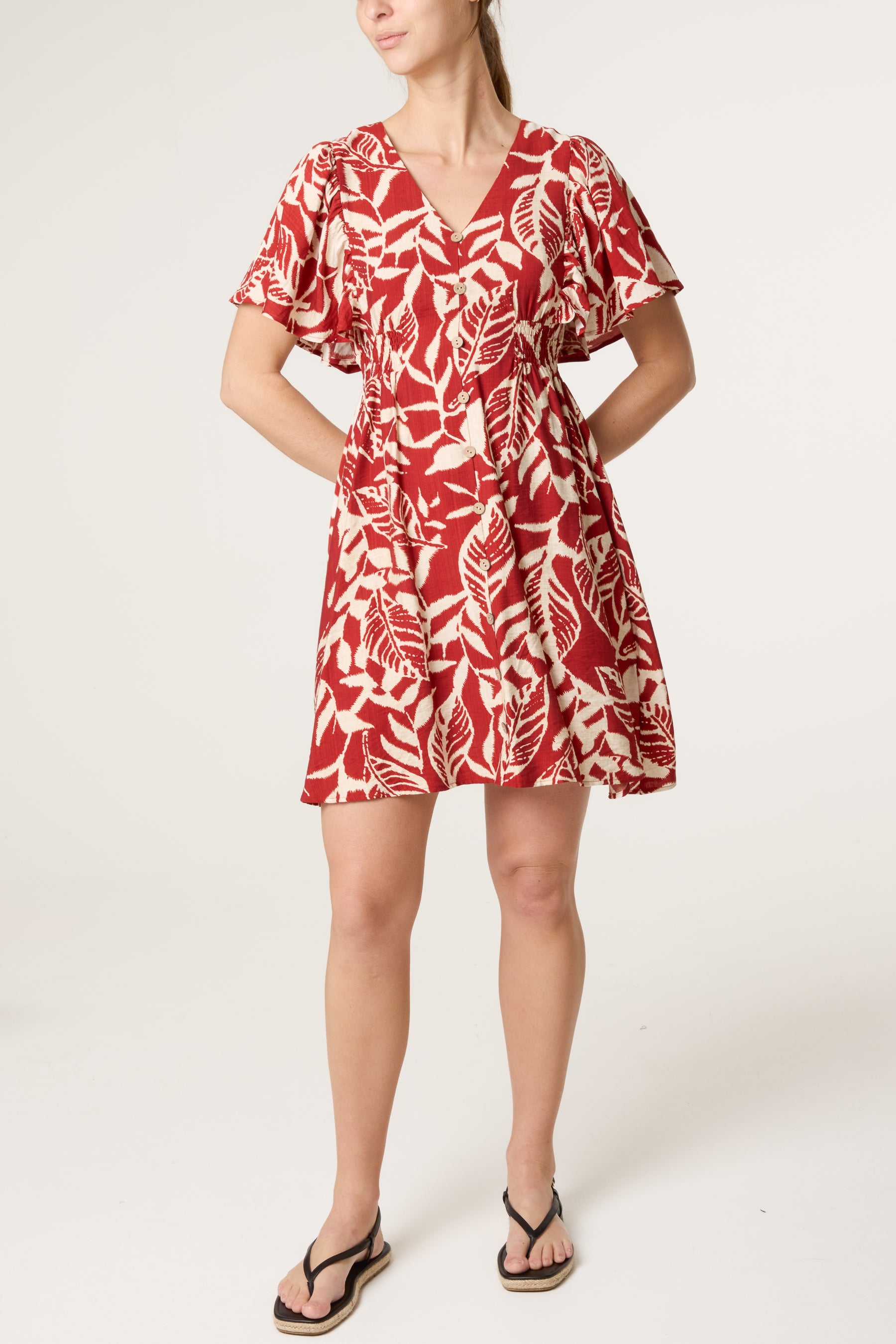 Abstract Leaf Coconut Button Mini Dress