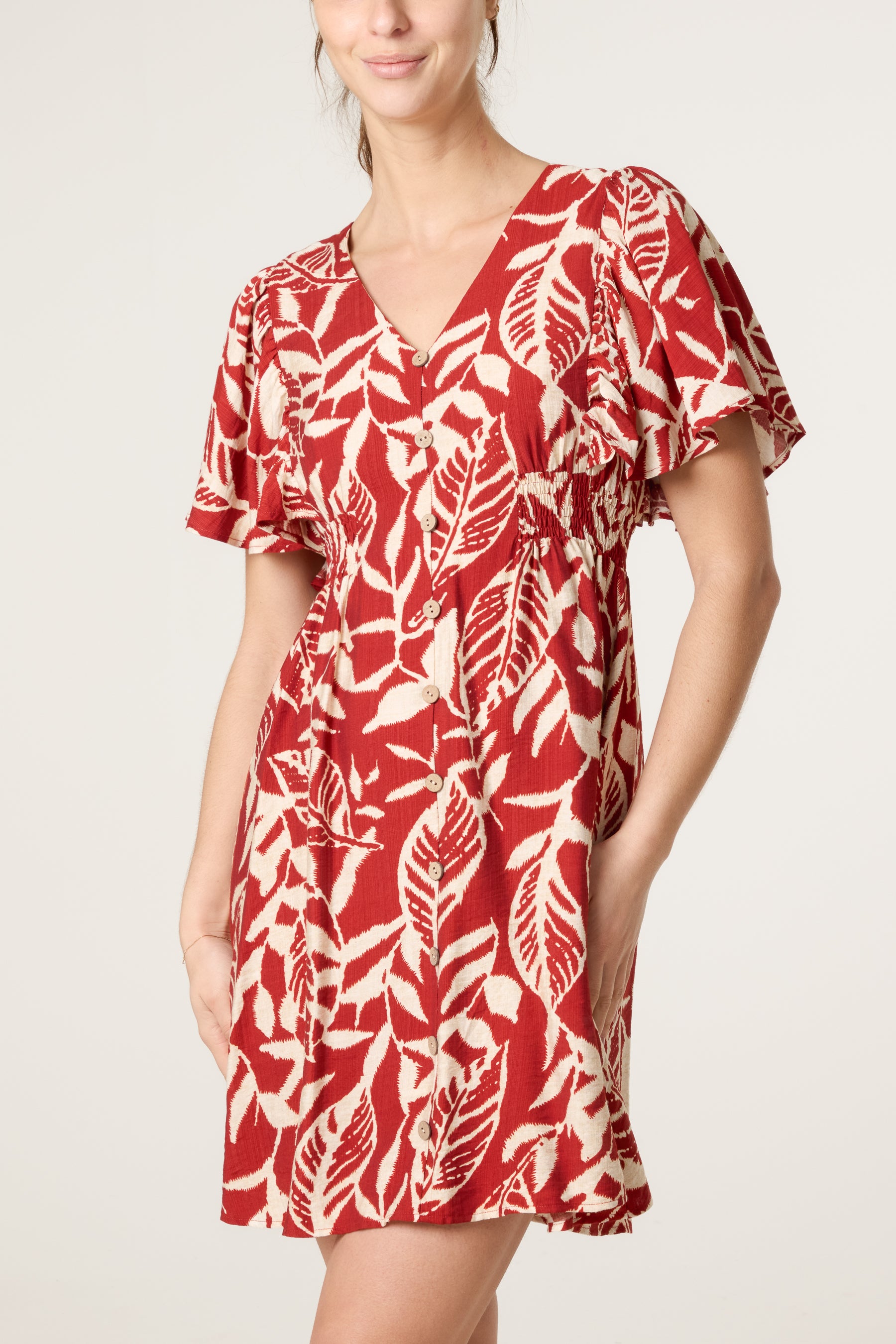 Abstract Leaf Coconut Button Mini Dress