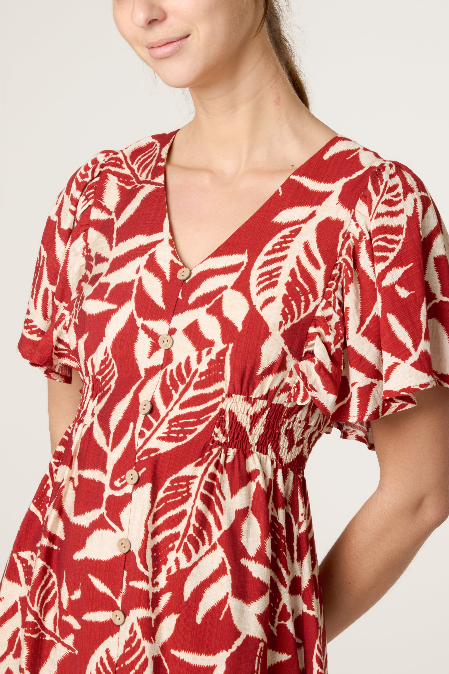 Abstract Leaf Coconut Button Mini Dress