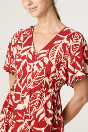 Abstract Leaf Coconut Button Mini Dress