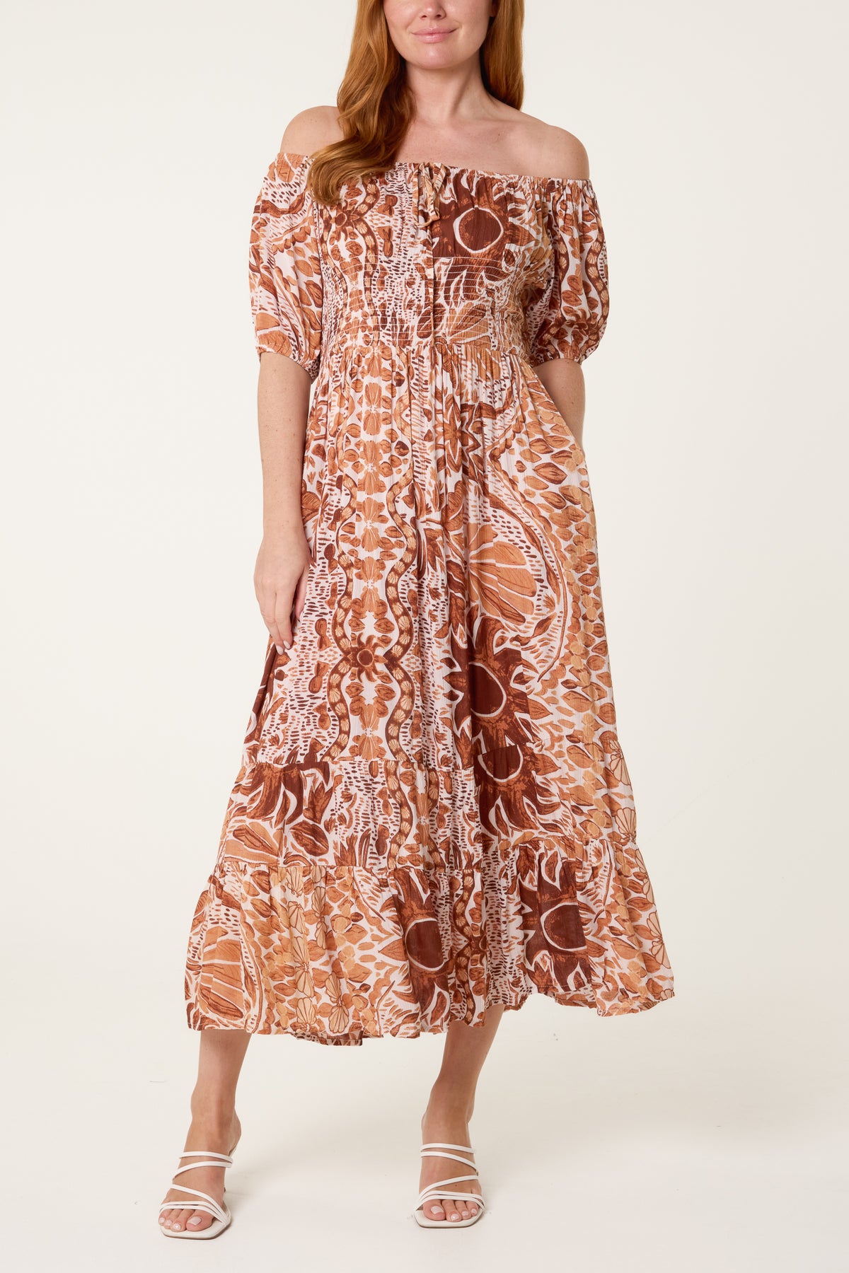 Bardot Shirred Midi Dress
