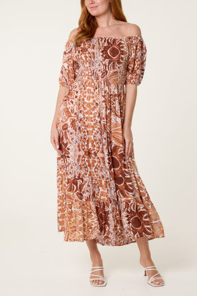 Bardot Shirred Midi Dress