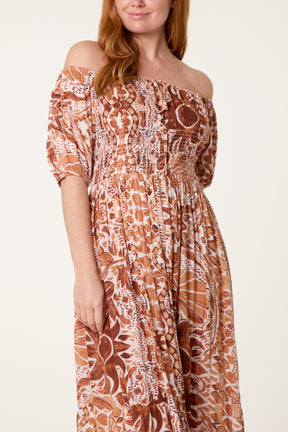 Bardot Shirred Midi Dress