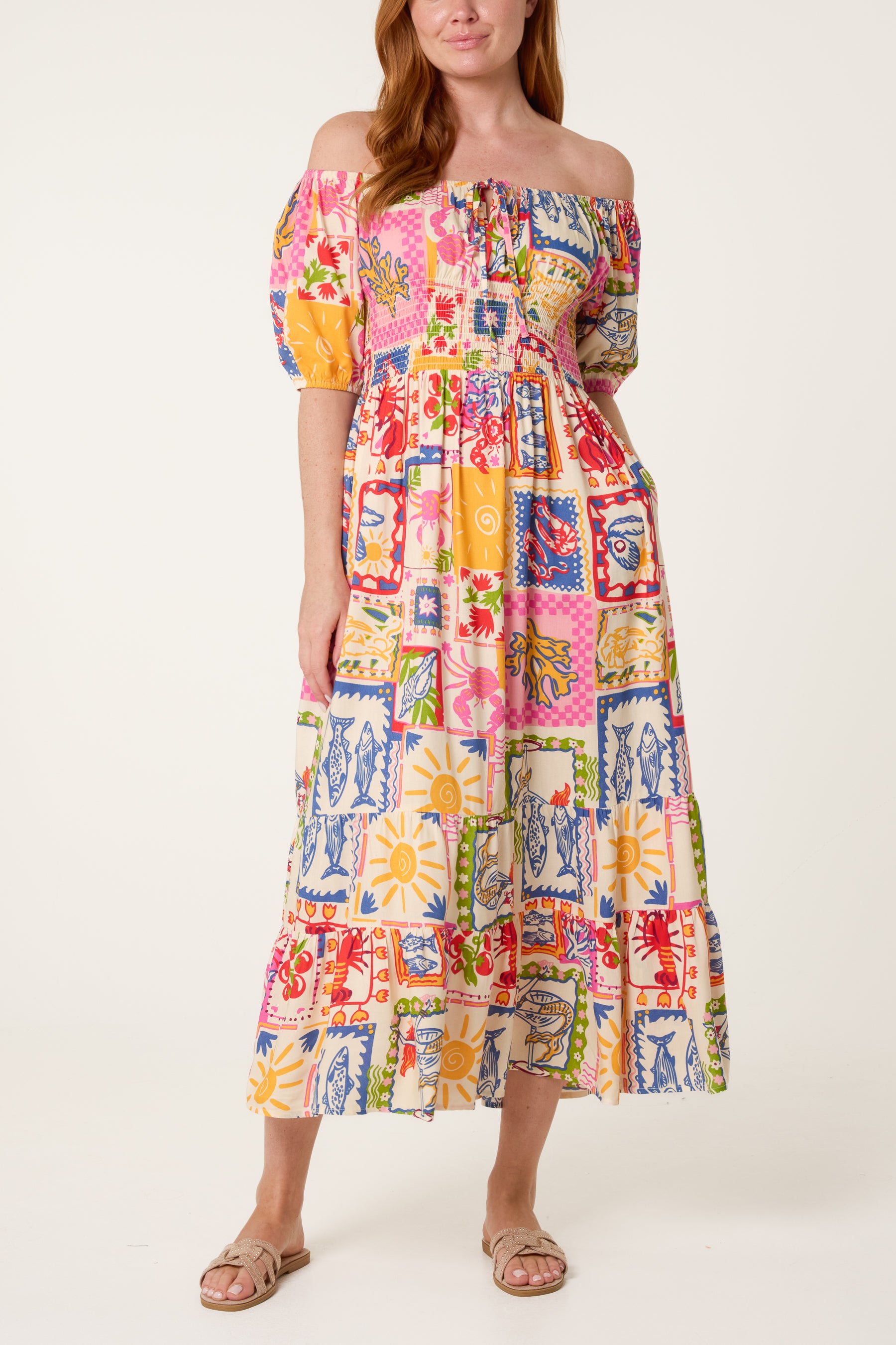 Tie Front Shirred Postcard Print Midi Dress