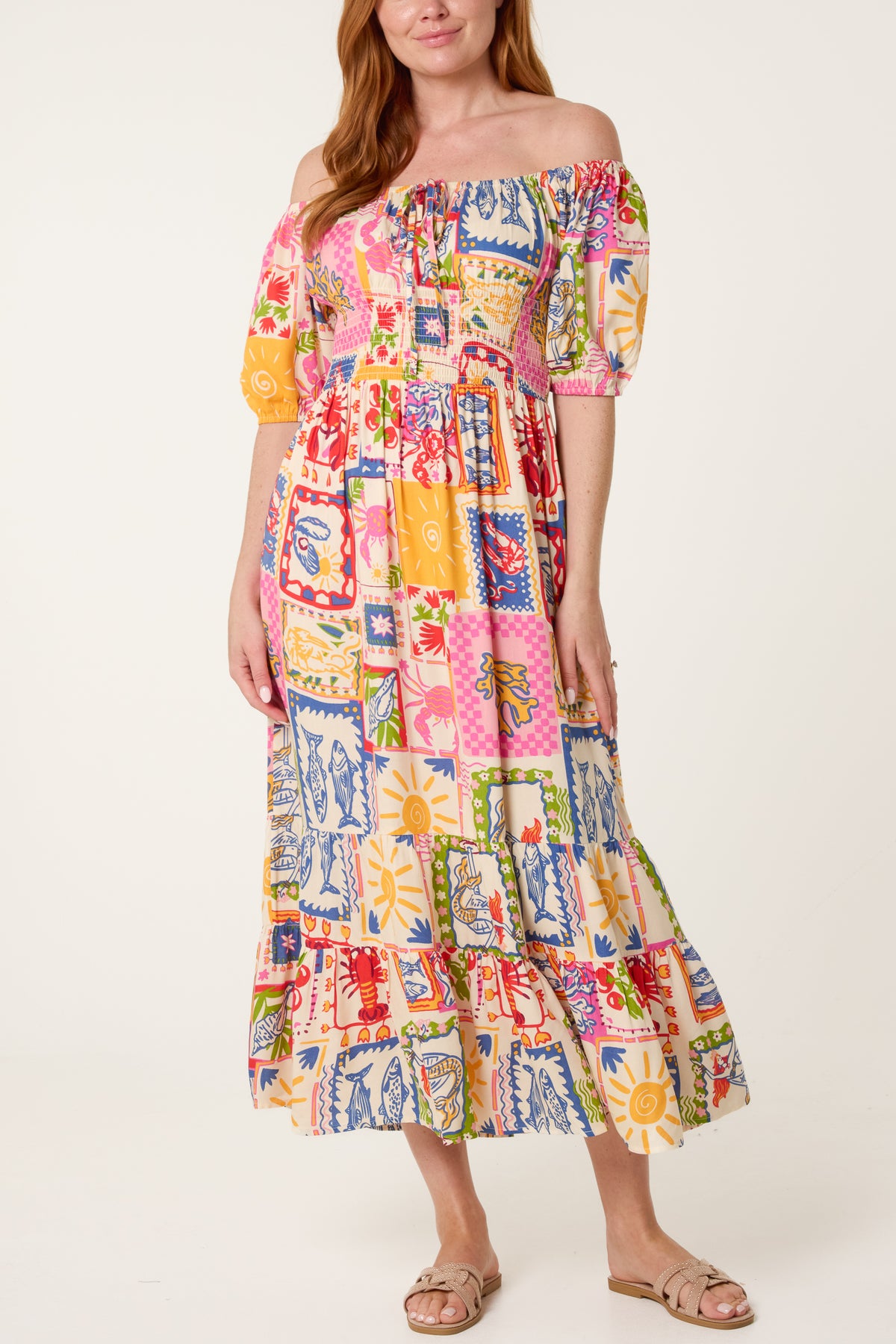 Tie Front Shirred Postcard Print Midi Dress