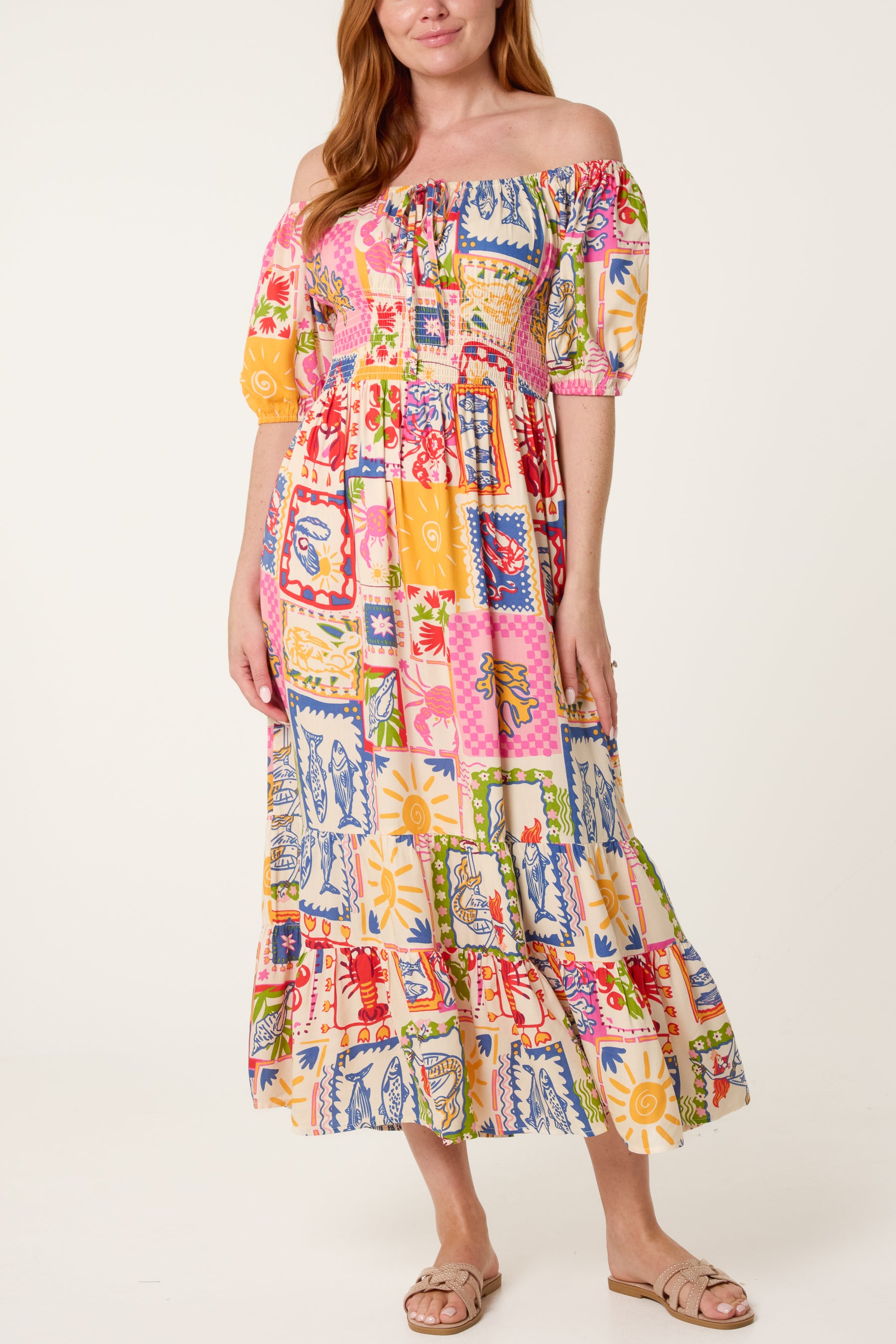 Tie Front Shirred Postcard Print Midi Dress
