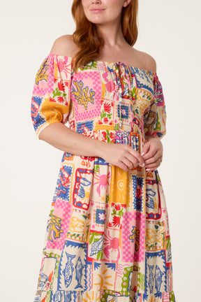 Tie Front Shirred Postcard Print Midi Dress