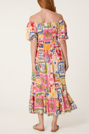Tie Front Shirred Postcard Print Midi Dress