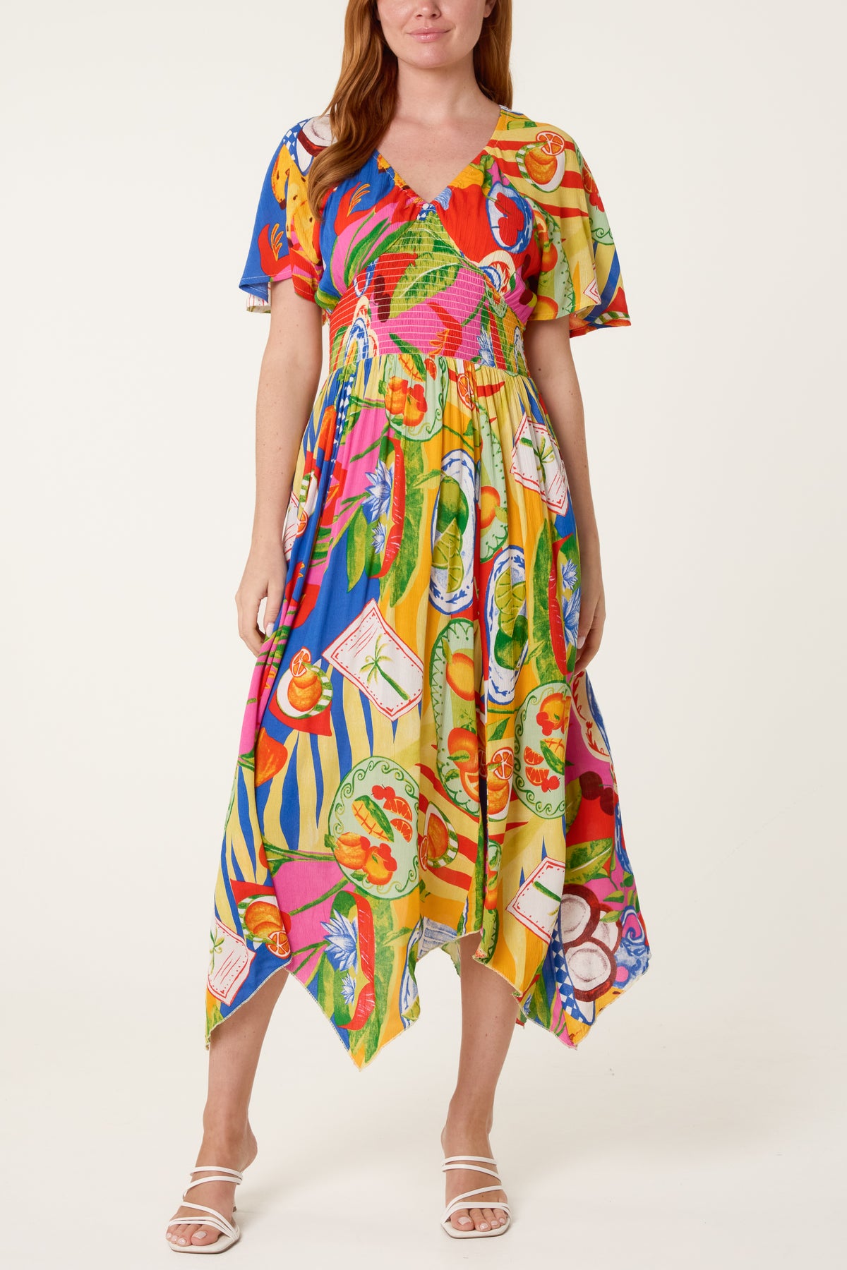 Colourful Fruit Empire Bust Hanky Hem Dress