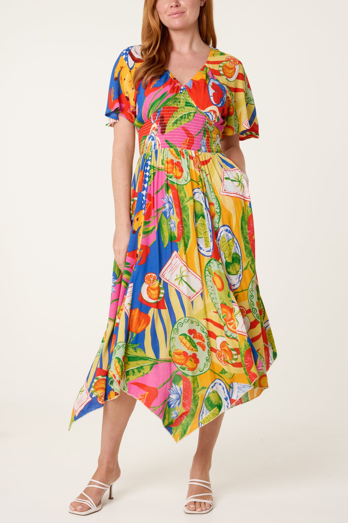 Colourful Fruit Empire Bust Hanky Hem Dress