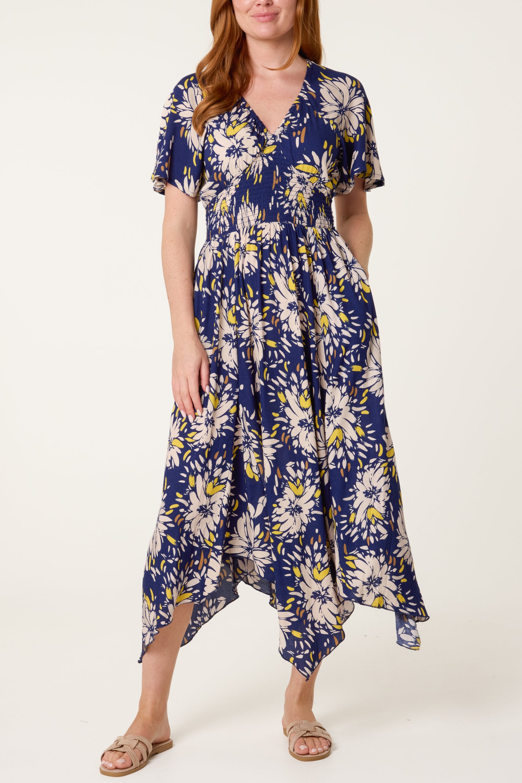 Hanky Hem Shirred Midi Dress