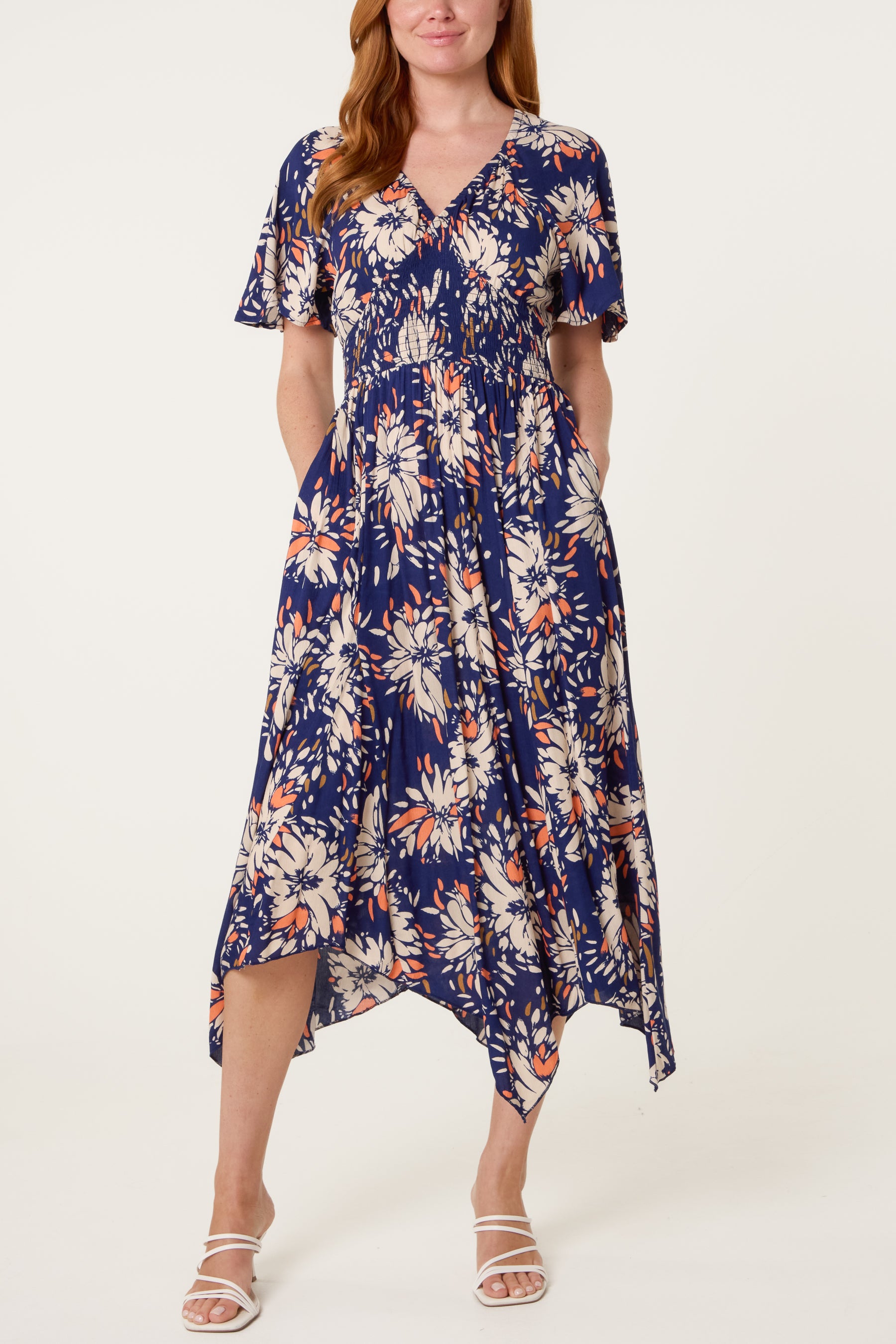 Hanky Hem Shirred Midi Dress