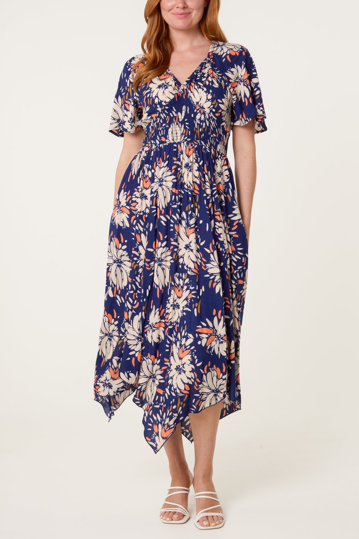 Hanky Hem Shirred Midi Dress