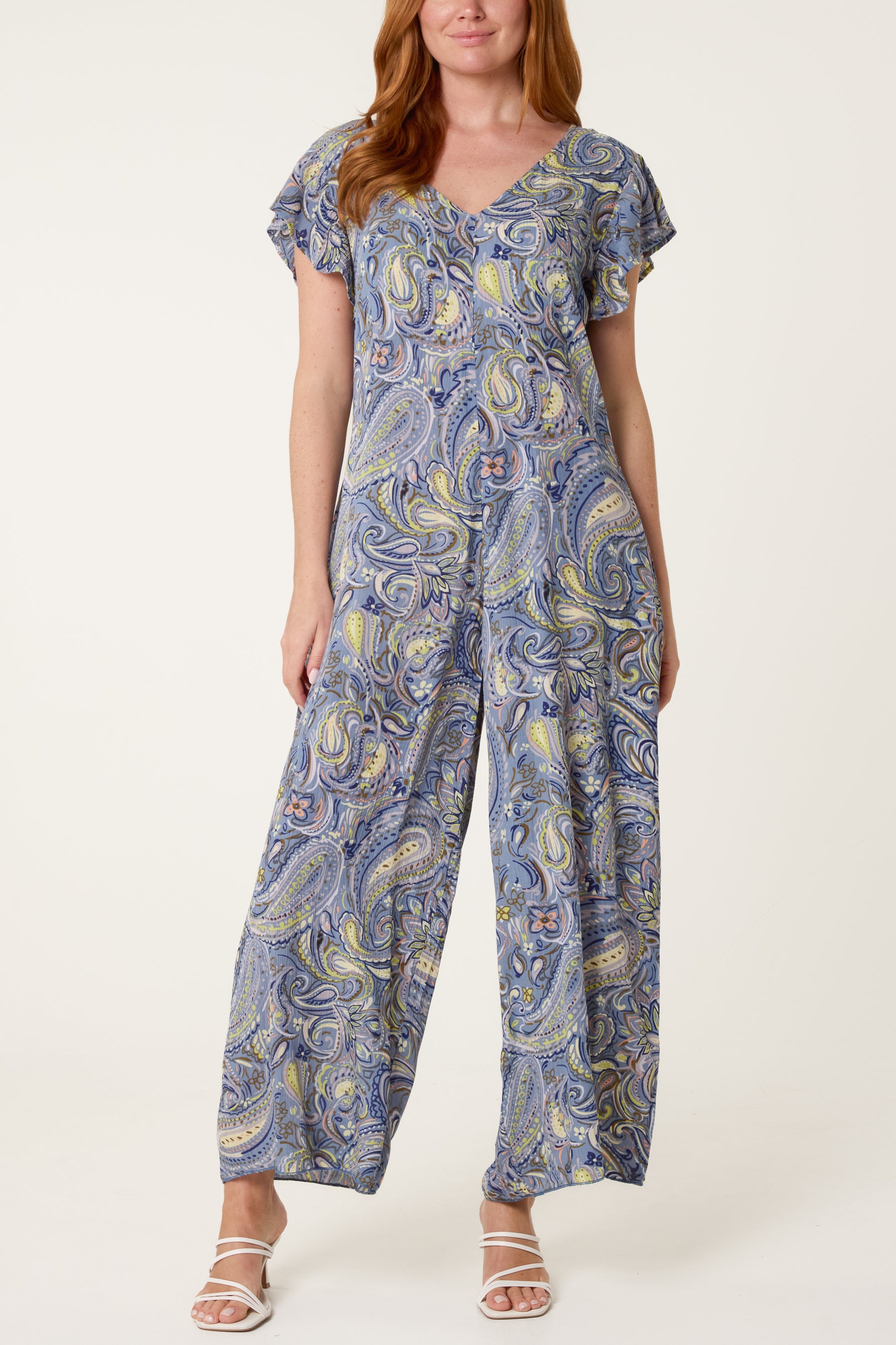 Paisley Pattern Ruffle Sleeve Detail Jumpsuit