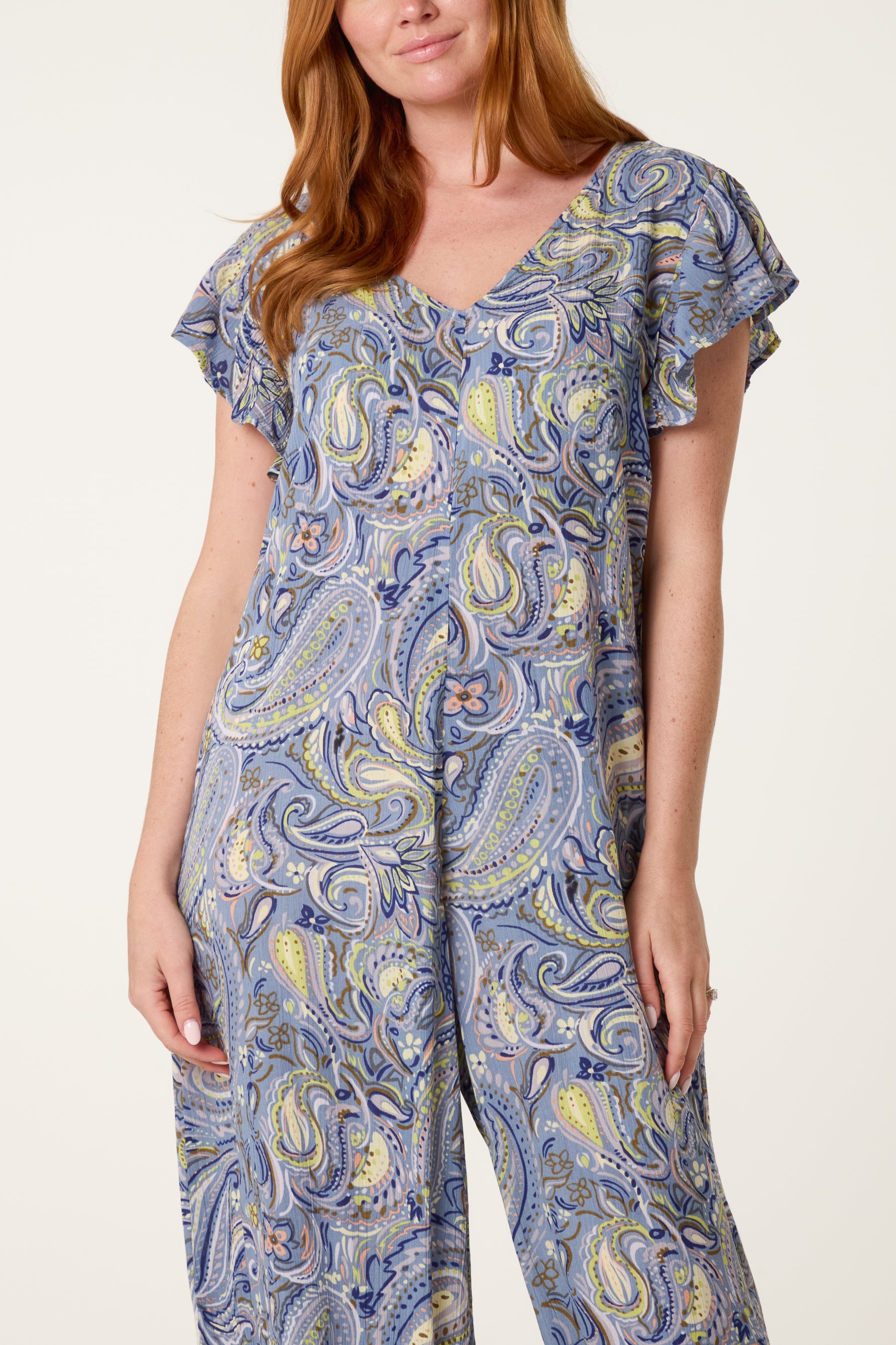 Paisley Pattern Ruffle Sleeve Detail Jumpsuit