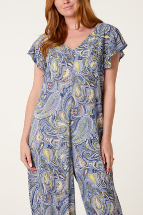 Paisley Pattern Ruffle Sleeve Detail Jumpsuit