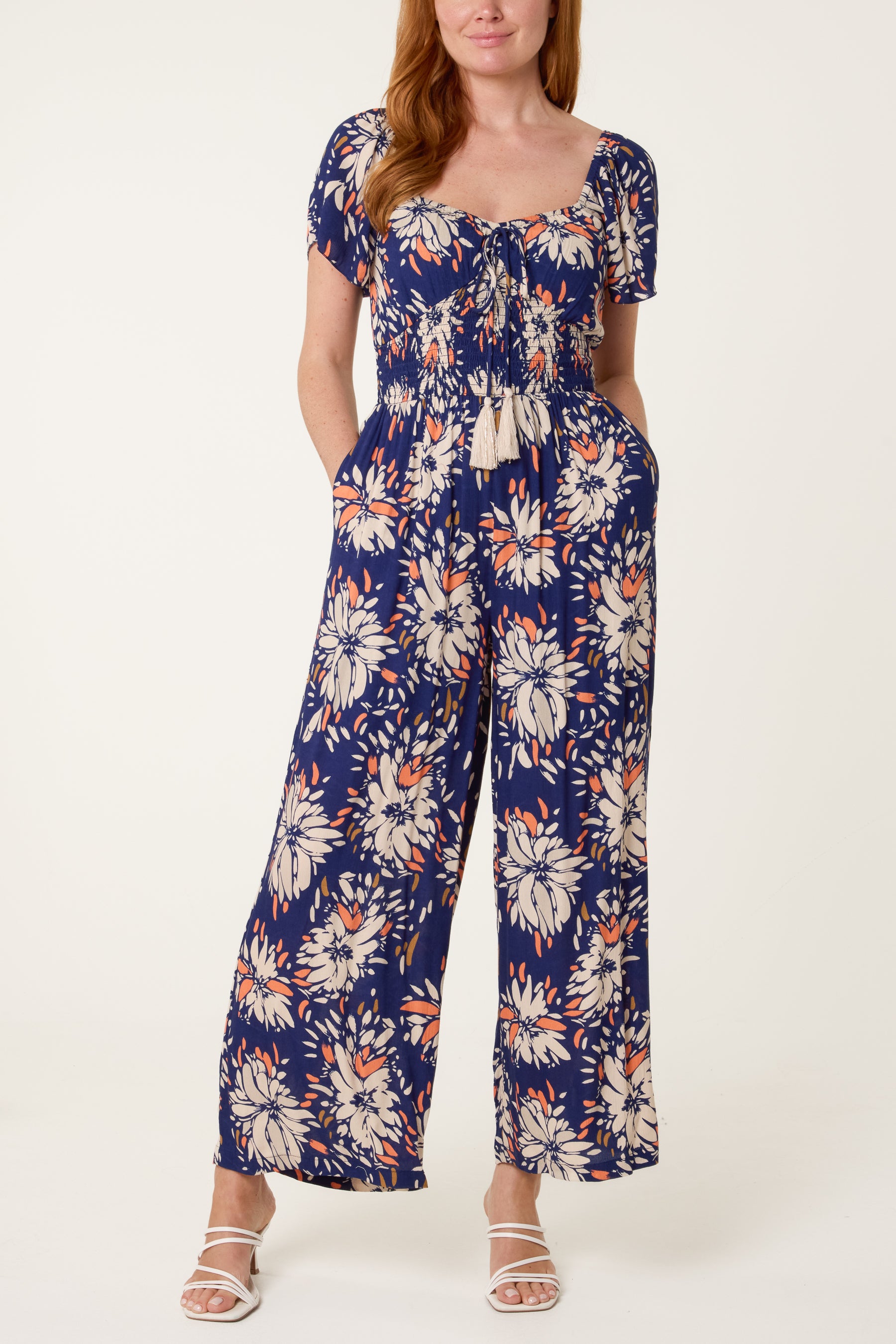 Shirred Waist Wide Leg Jumpsuit