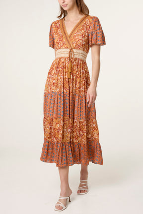 Mix Print Beaded Wrap Dress