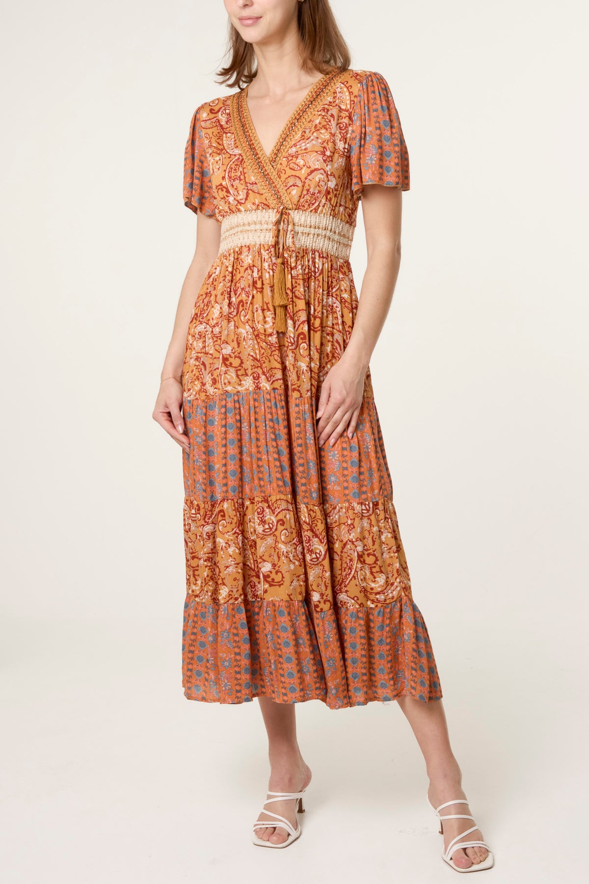 Mix Print Beaded Wrap Dress