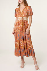 Mix Print Beaded Wrap Dress