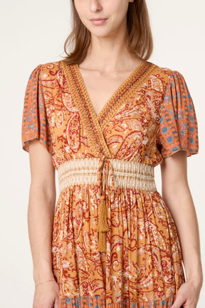Mix Print Beaded Wrap Dress