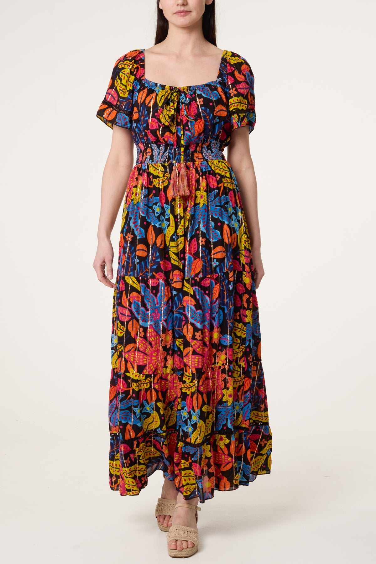 Floral Tassel Tie Tiered Maxi Dress