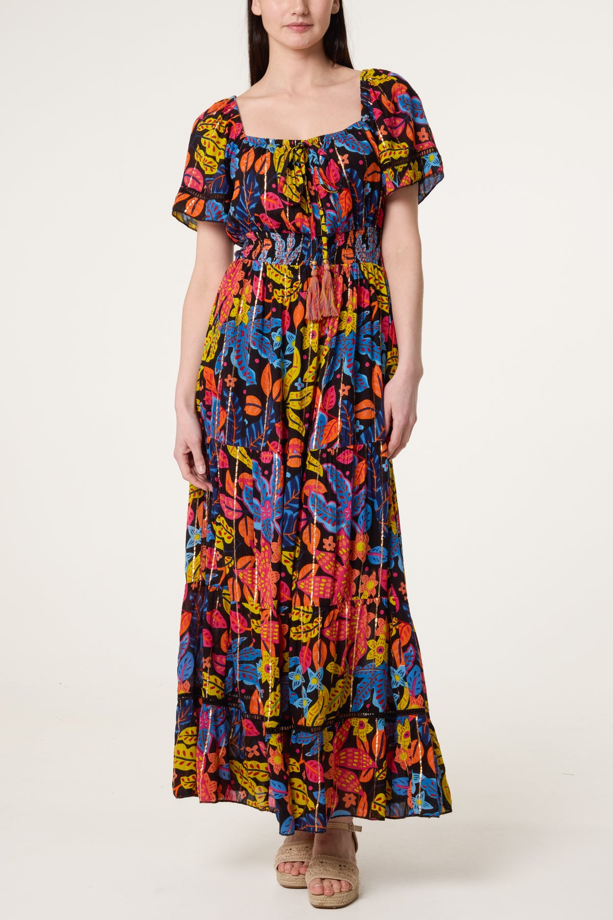 Floral Tassel Tie Tiered Maxi Dress