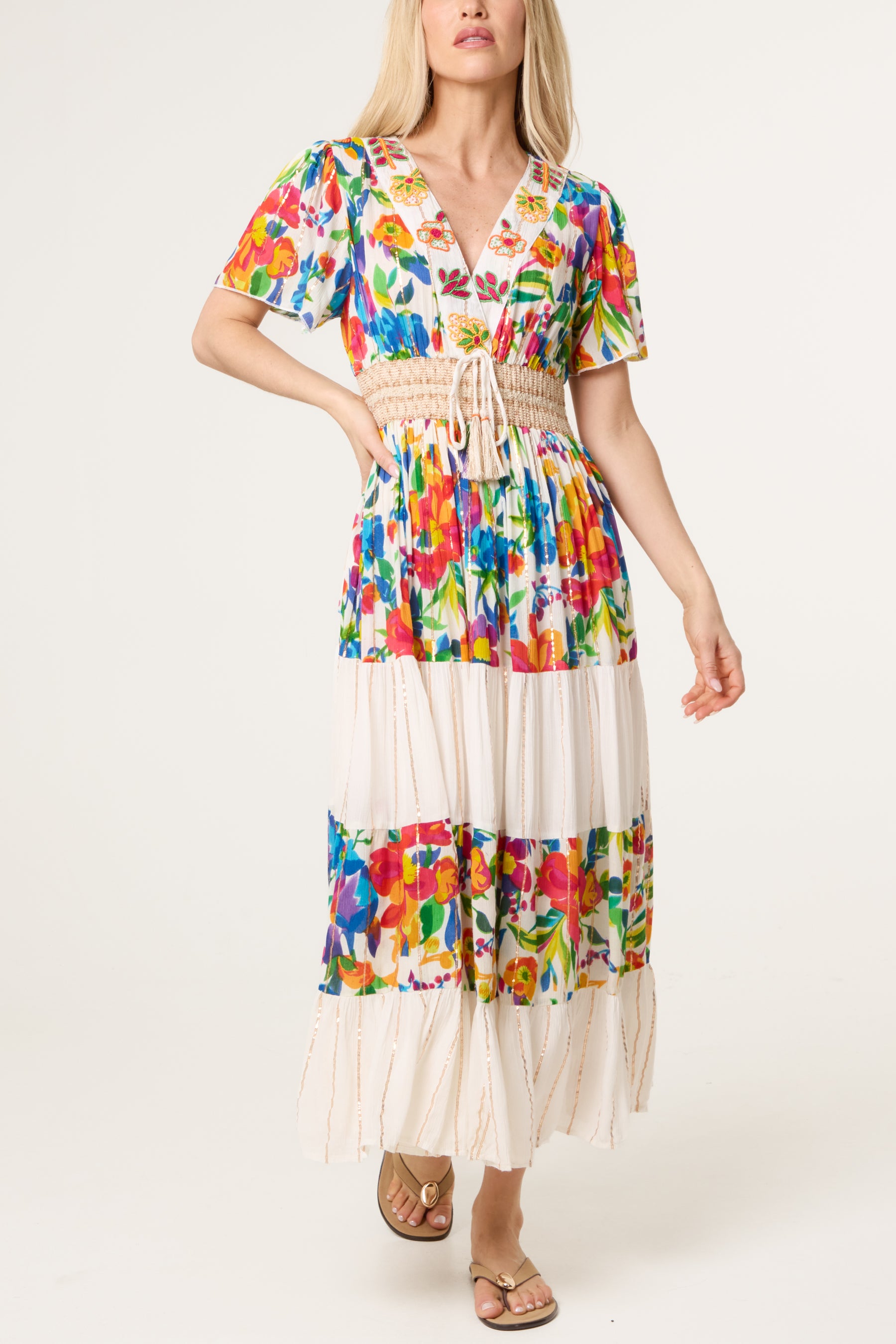 V-Neck Beaded Metallic Detail Tiered Dress