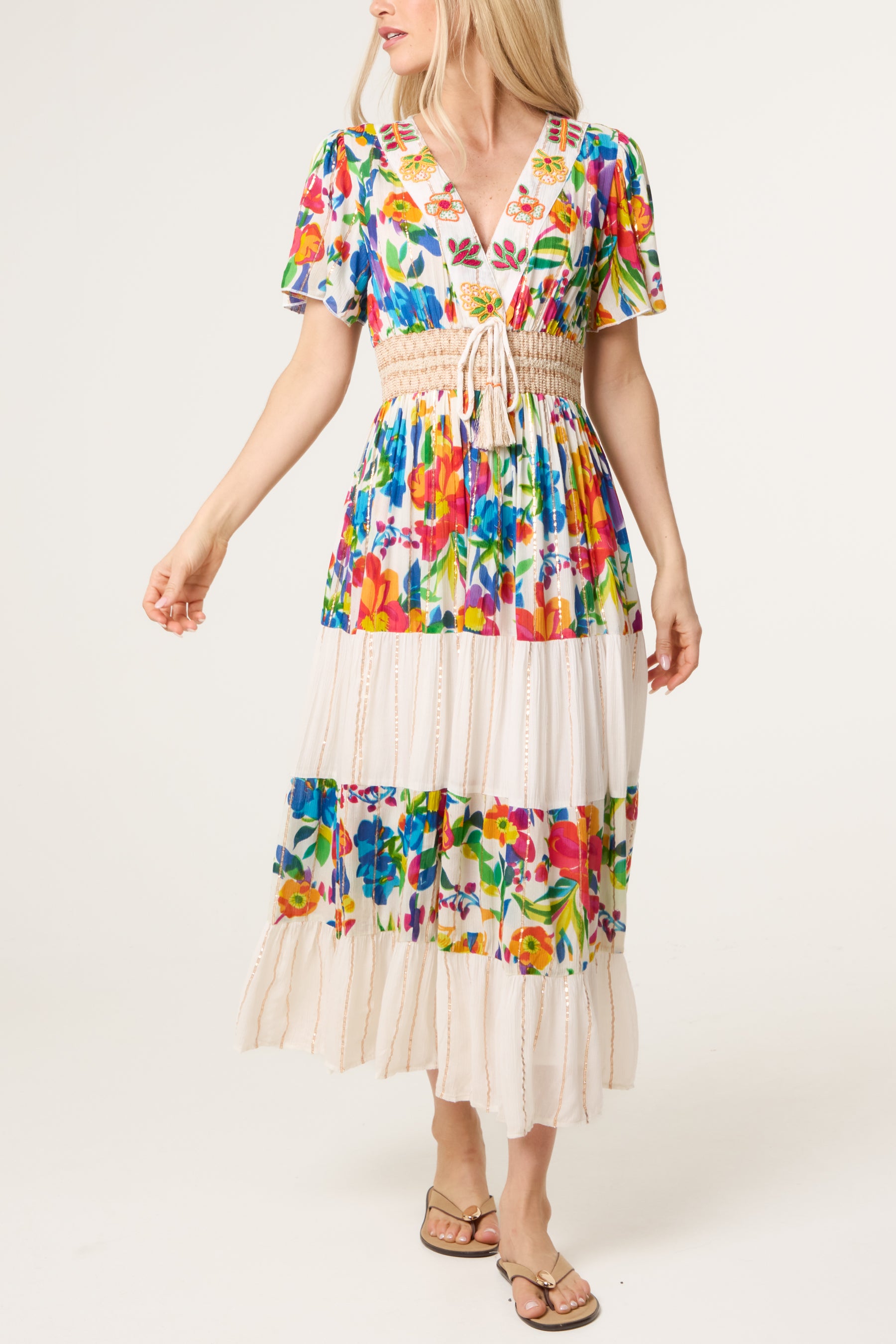 V-Neck Beaded Metallic Detail Tiered Dress