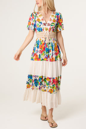V-Neck Beaded Metallic Detail Tiered Dress