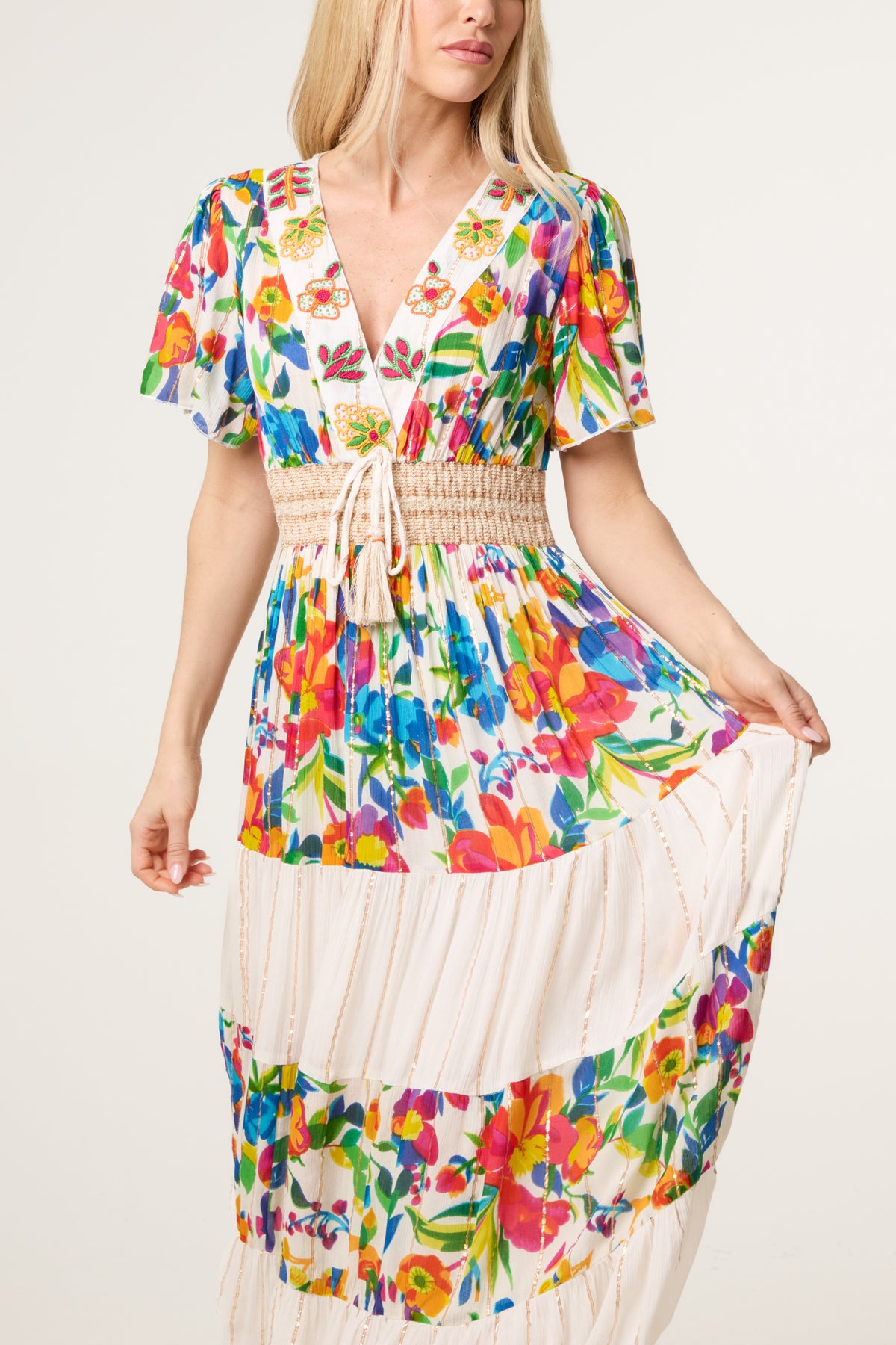 V-Neck Beaded Metallic Detail Tiered Dress