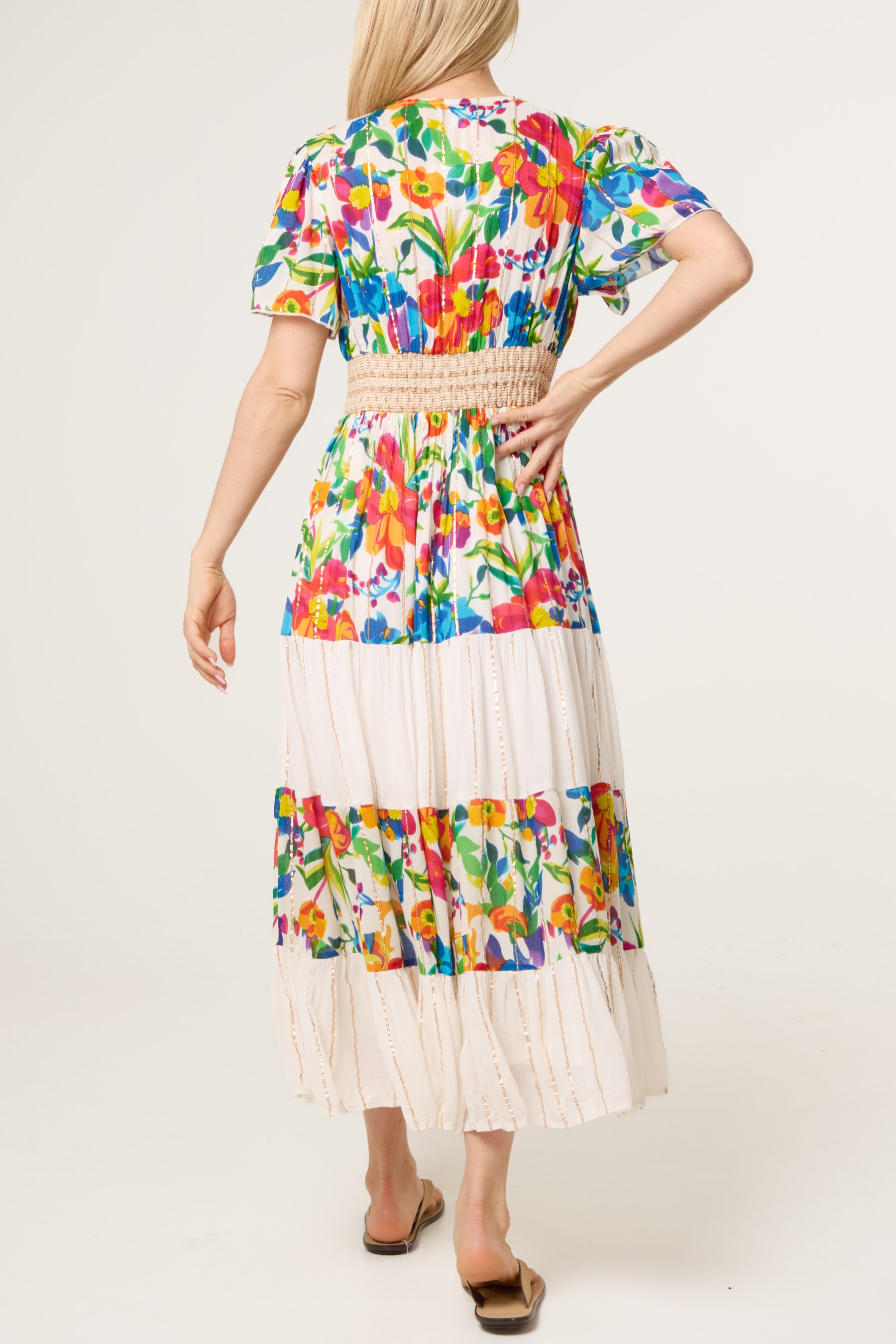 V-Neck Beaded Metallic Detail Tiered Dress