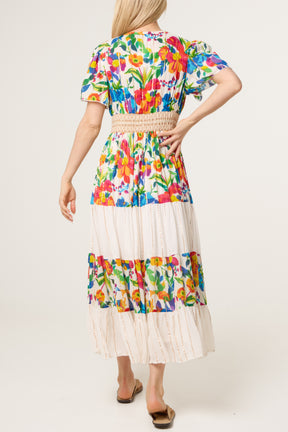 V-Neck Beaded Metallic Detail Tiered Dress