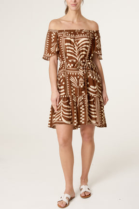 Abstract Leaf Bardot Belt Dress