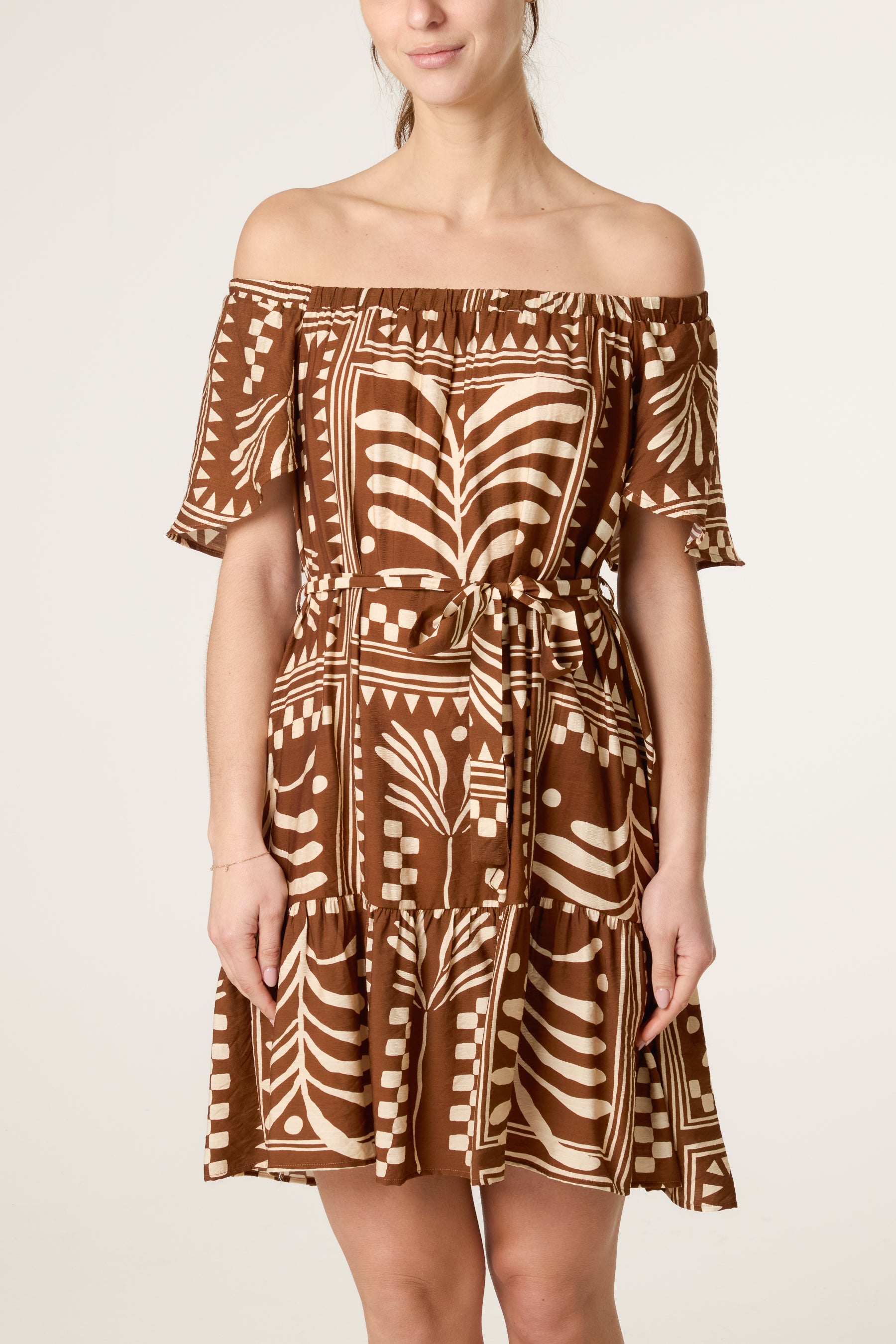Abstract Leaf Bardot Belt Dress