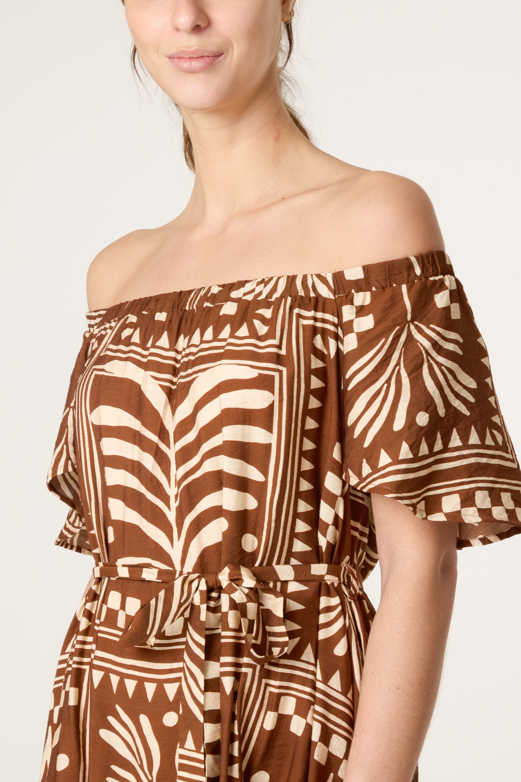 Abstract Leaf Bardot Belt Dress