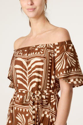 Abstract Leaf Bardot Belt Dress