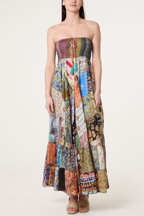Shirred Bandeau Patchwork Art Silk Dress