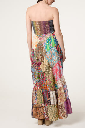 Shirred Bandeau Patchwork Art Silk Dress