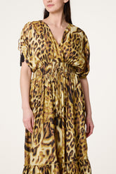 Cross Over Leopard Tie Sleeve Dress