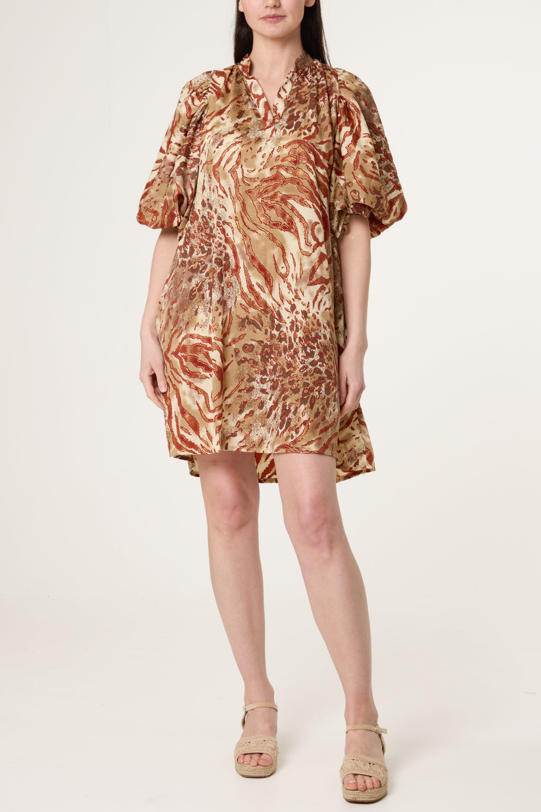 Metallic Leopard Puff Sleeved Tunic Dress
