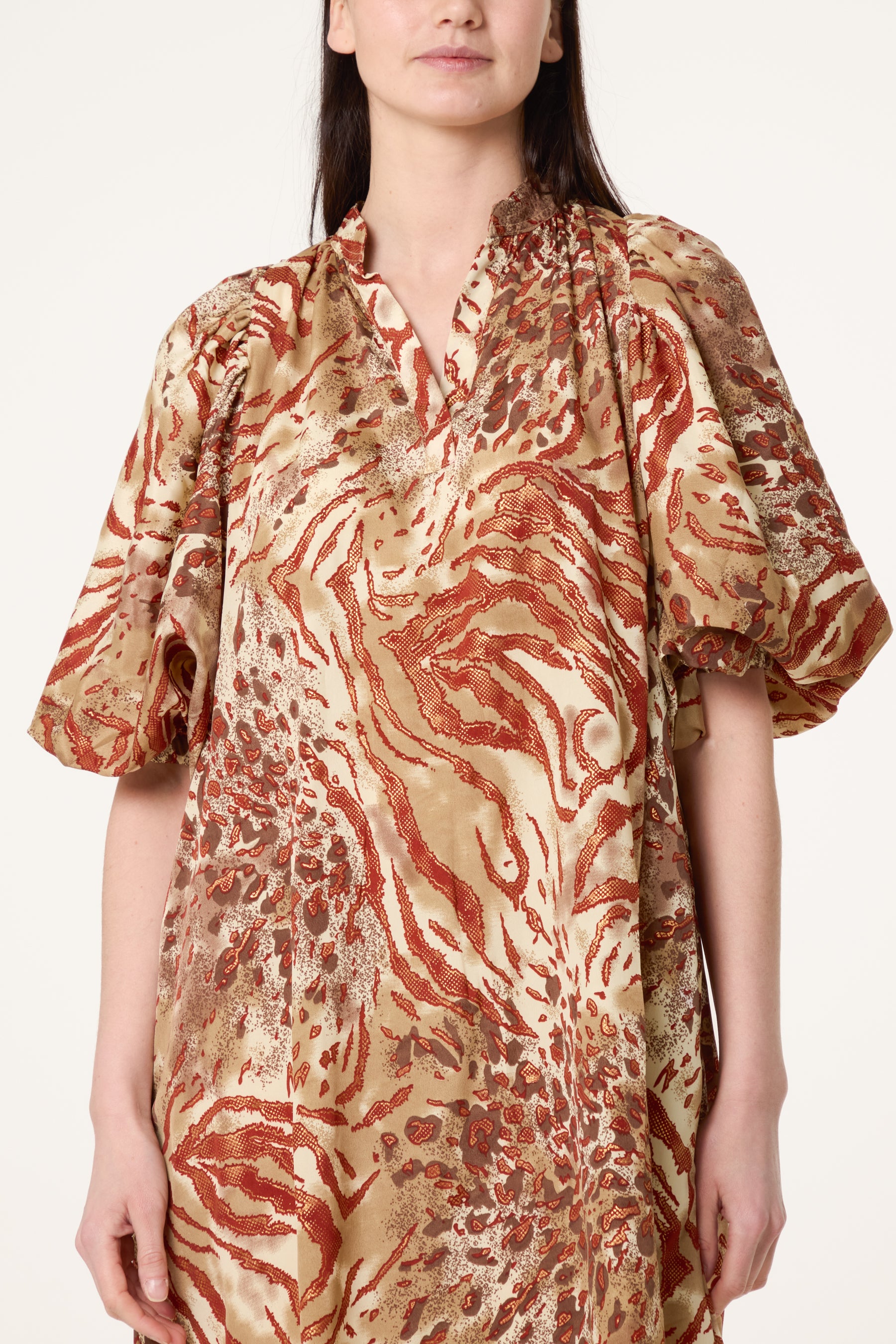 Metallic Leopard Puff Sleeved Tunic Dress
