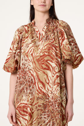 Metallic Leopard Puff Sleeved Tunic Dress