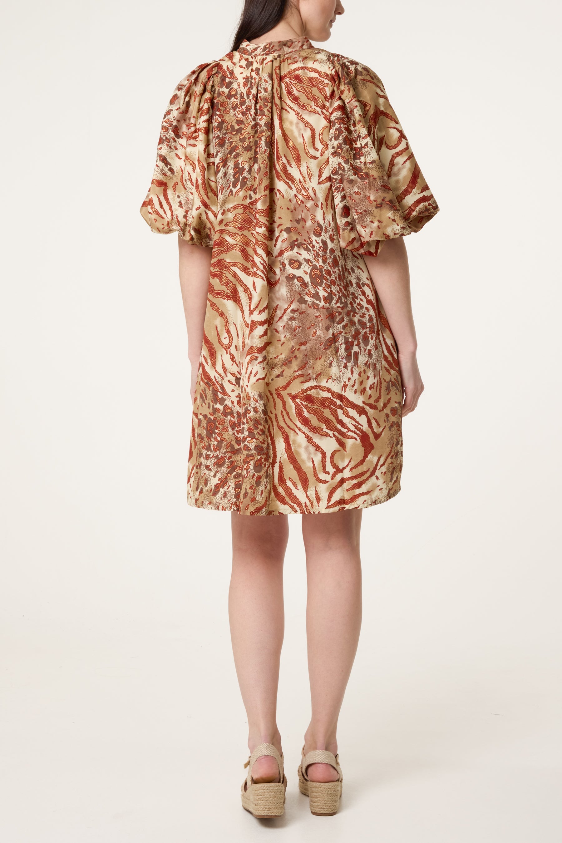 Metallic Leopard Puff Sleeved Tunic Dress