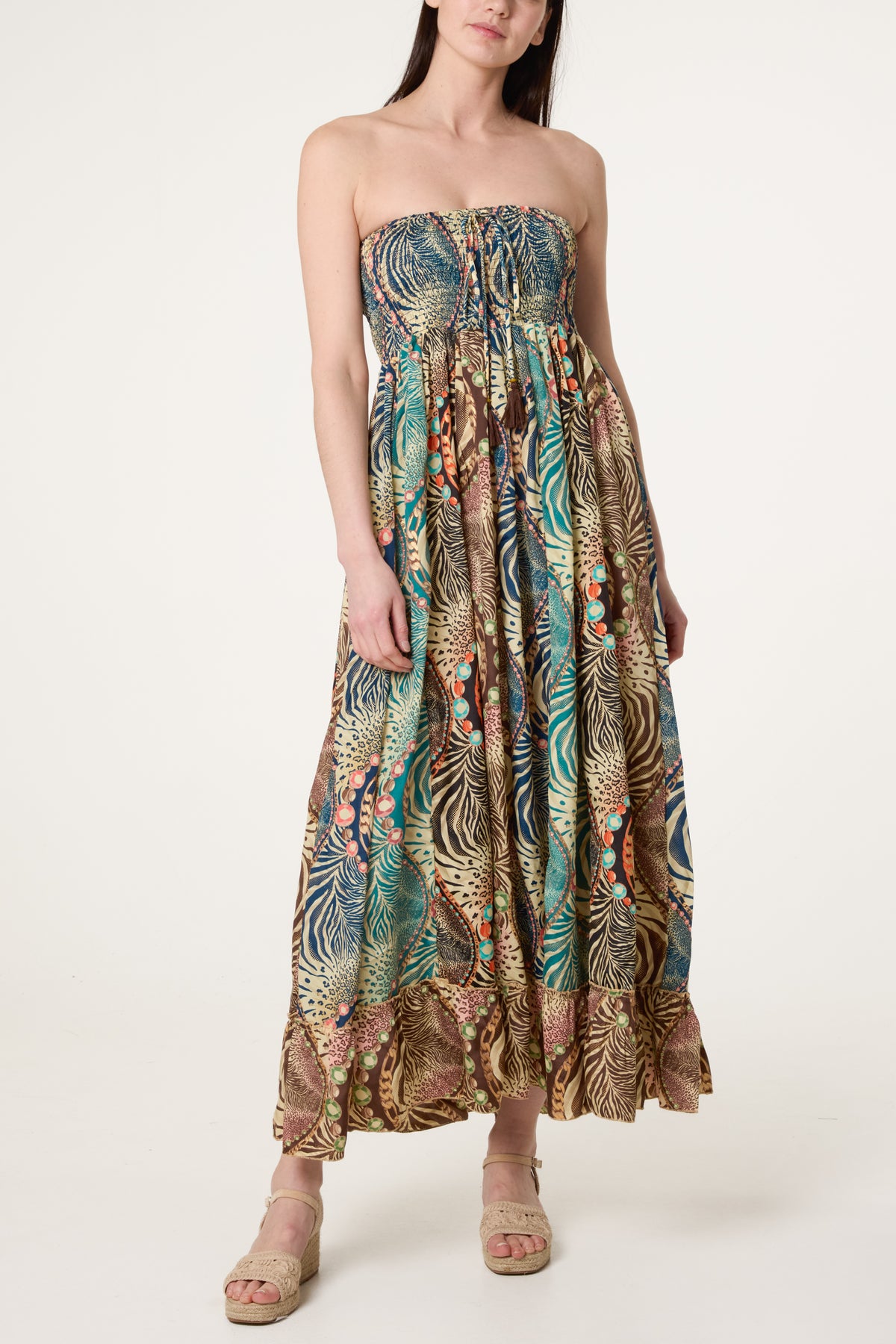 Bandeau Animal Inspired Shirred Dress