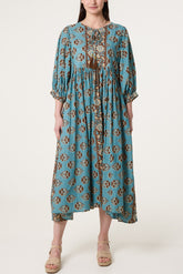Puff Sleeve V-Neck Patterned Dress
